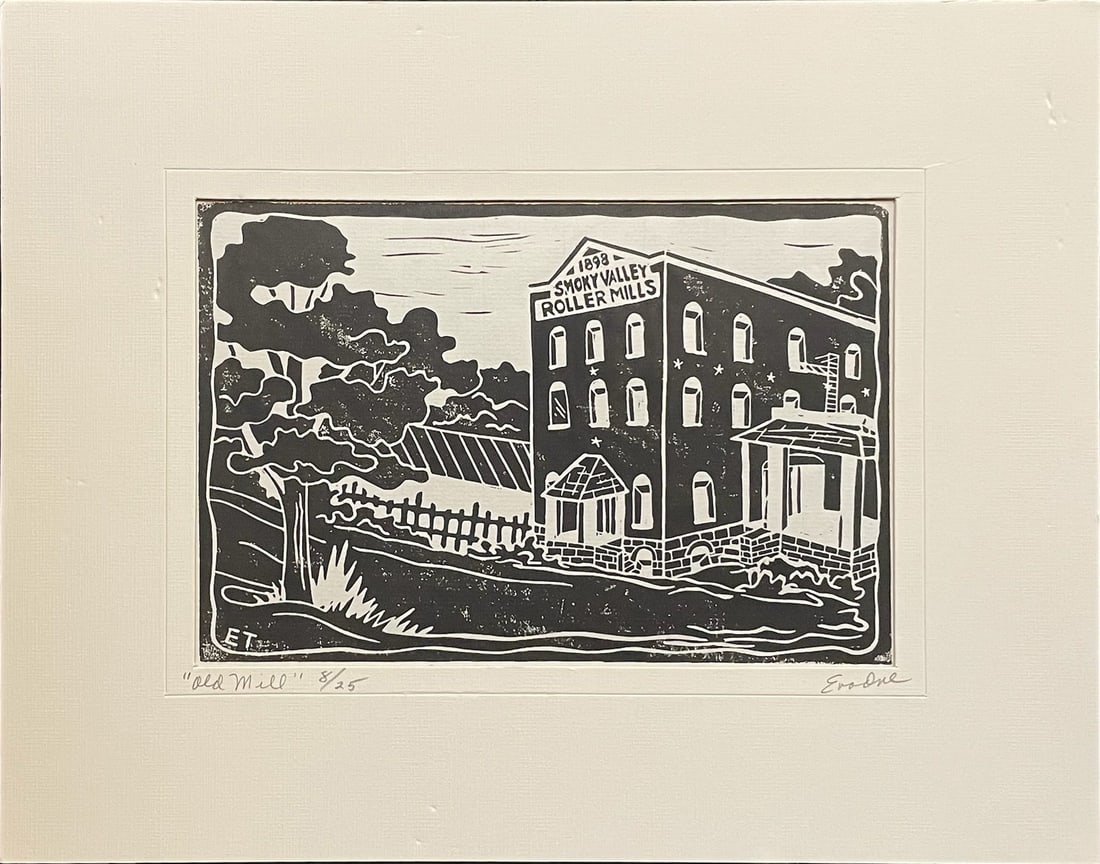 Tuxhorn, Evadne (1931-2020) linoleum block print, Old Mill 8/25: Tuxhorn, Evadne (1931-2020) linoleum block print, Old Mill 8/26, pencil signed Evadne in lower right on mat, good condition, not examined out of mat, image size: 6 x 9 inches. Tuxhorn, Evadne (1931-20