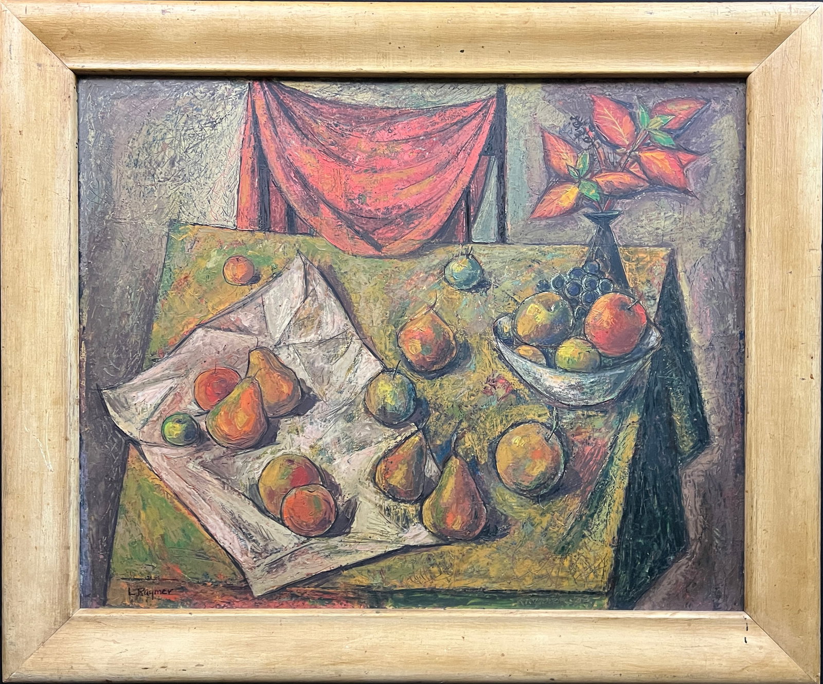Raymer, Lester (1907-1991) oil on board, untitled still life with fruit: Raymer, Lester (1907-1991) oil on board, untitled still life with fruit, signed L Raymer in lower left, good condition, board size: 24 x 30.25 inches. Lester Raymer, born in 1907, grew up on a farm ju