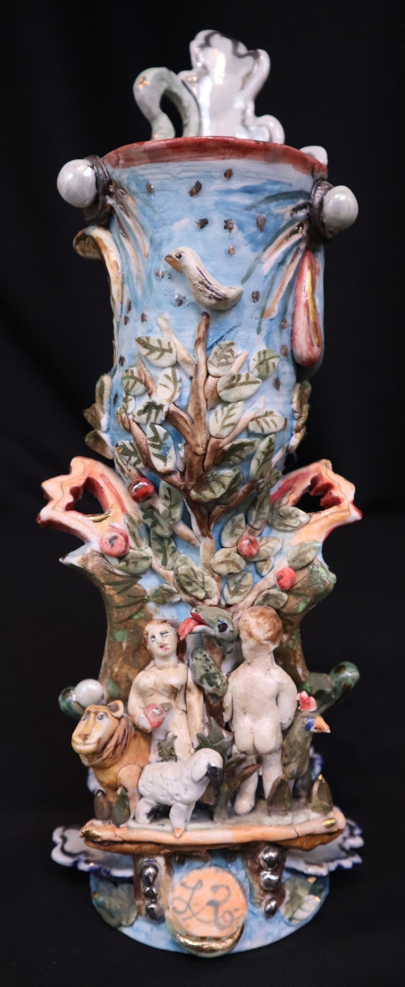 Abraham, Eric (1936-2013) porcelain sculpture, Adam and Eve, after Lester Raymer's toy: Abraham, Eric (1936-2013) porcelain sculpture, Adam and Eve, signed EA on bottom, good condition, no chips or cracks, sculpture size: 11 x 4.25 x 4.5 inches. Eric Abraham moved from eastern Kansas to 