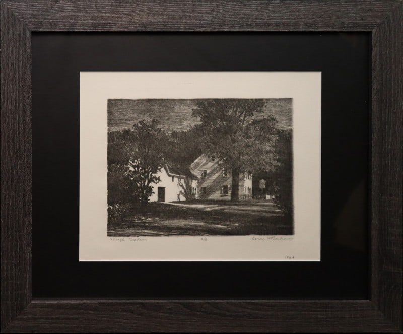Barham, Doran (1926-1999) 1984 lithograph, Village Shadows: Barham, Doran (1926-1999) 1984 lithograph, Village Shadows, pencil signed Doran W Barham in lower right. good condition, not examined out of frame, image size: 8 x 11 inches. Born in Lindsborg, Kansas