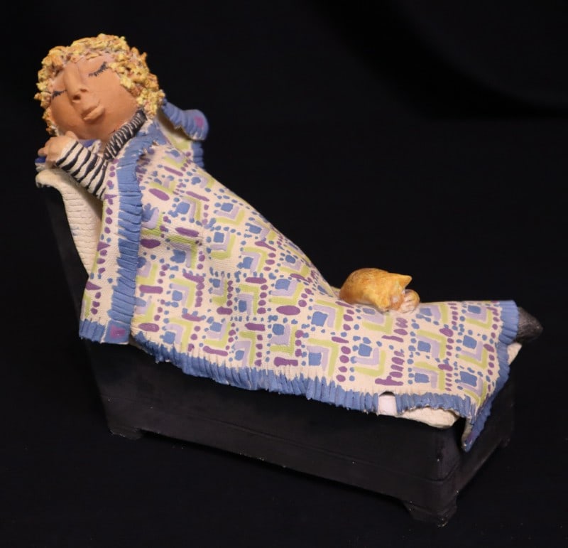 Bashor, Rosemary (1922-2016) ceramic, Cat Nap: Bashor, Rosemary (1922-2016) ceramic, Cat Nap, signed Rosemary Bashor on back, good condition, .25 inch of blanket fringe is missing/broken on right at foot of bed, sculpture size: 7.25 x 9.25 x 4 inc