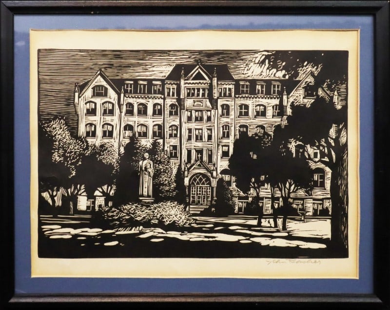 Bashor, John (2026-2013) linoleum cut, Old Main (1 of 4)