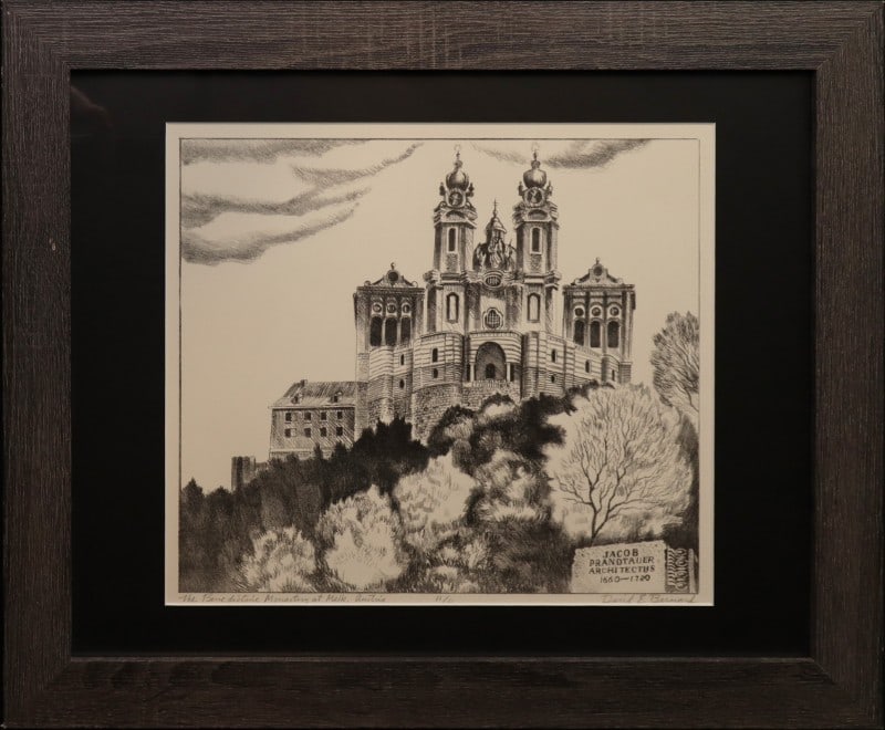 Bernard, David E (1913-2006) lithograph, Benedictine Monastery at Melk, Austria: Bernard, David E (1913-2006) lithograph, Benedictine Monastery at Melk, Austria, pencil signed David E. Bernard in lower right, good condition, not examined out of frame, image size: 12.25 x 14 inches