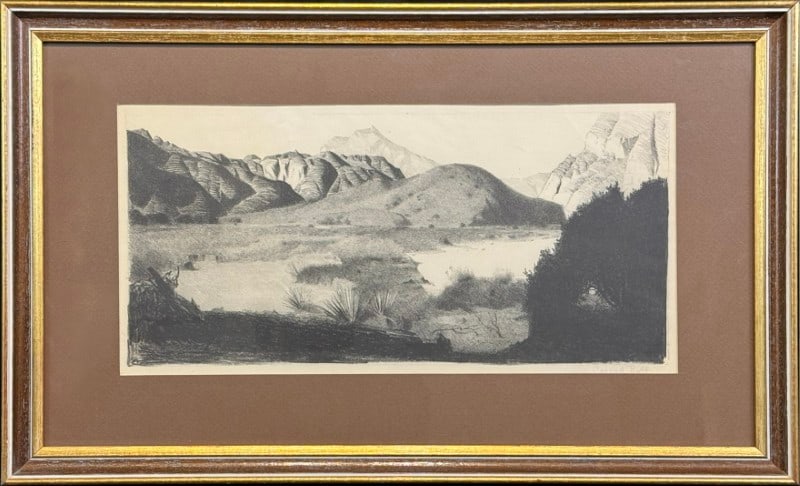 Buff, Conrad (1886-1975) lithograph, Tujunga: Buff, Conrad (1886-1975) lithograph, Tujunga, pencil signed Conrad Buff, good condition, not examined out of frame, image size: 7.5 x 16 inches. Born in Speicher, Switzerland, the son of an Alpine far