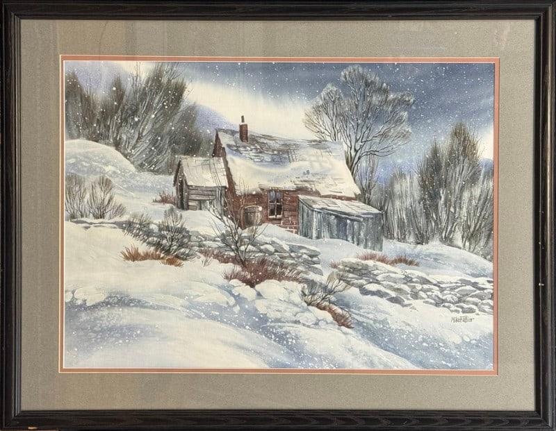 Fallier, Mike, watercolor, cabin snow scene: Fallier, Mike, watercolor, cabin snow scene, signed Mike Fallier in lower right, good condition, not examined out of frame, image size: 20.75 x 28.75 inches. Since birth Mike Fallier has been immersed