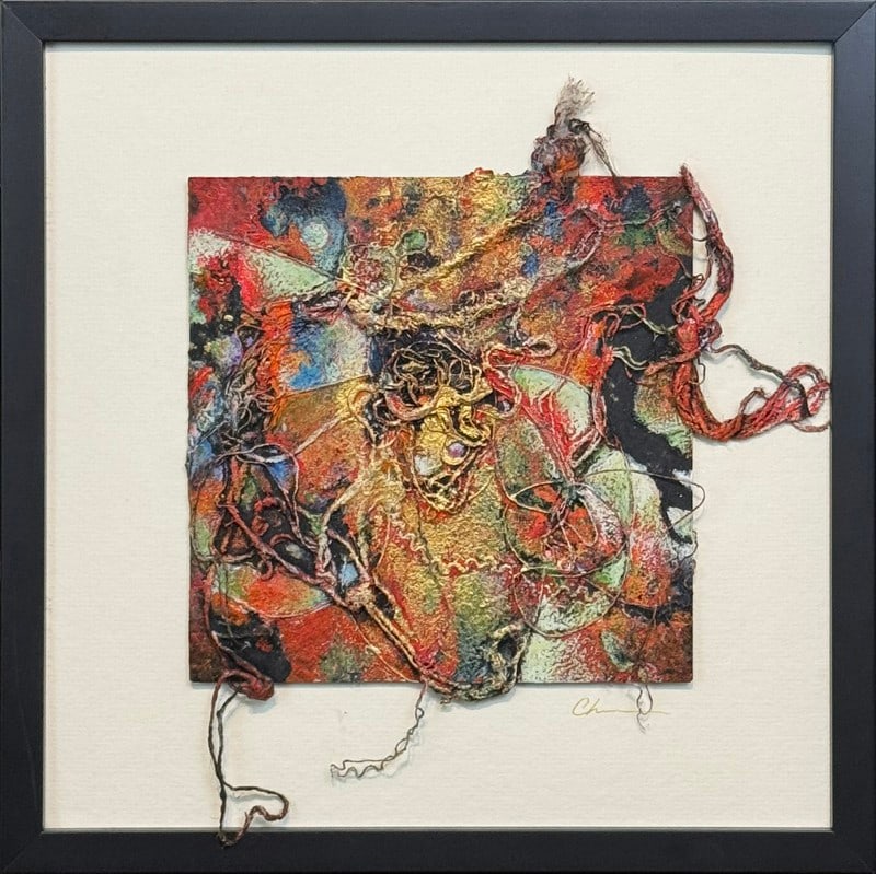 Myose, Chiyoko, mixed media collage, Iridescence #52,: Myose, Chiyoko, mixed media collage, Iridescence #53, signed Chiyoko in lower right, good condition, collage size: 11.5 x 11 inches. Chiyoko Myose is a Japanese artist living in Wichita, Kansas. She h