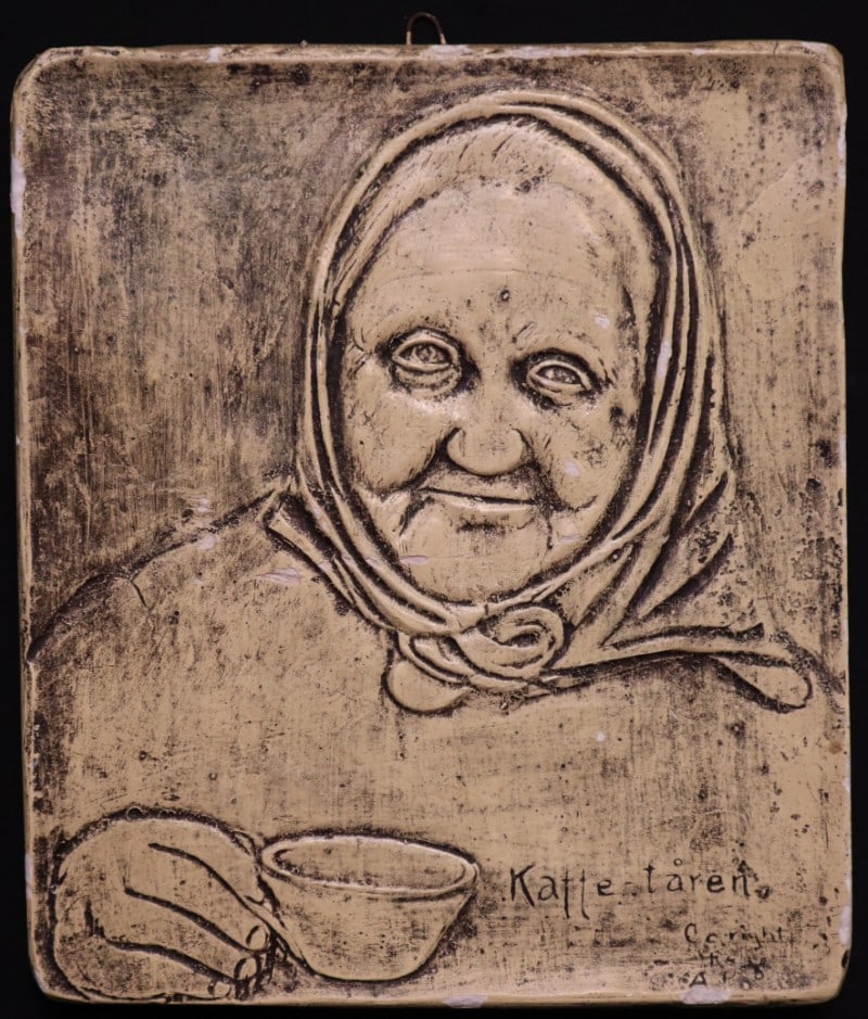 Pearson, Anton (1892-1967) plaster plaque, Kaffe-taren: Pearson, Anton (1892-1967) plaster plaque, Kaffe-taren, signed A.P. in plaster, fair condition, chips around edges, plaque size: 8 x 6.75 inches. Nils Anton Pearson was born 23 May 1892 in Lund, Swede