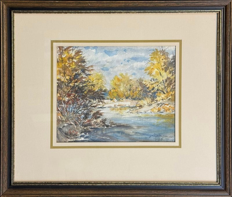 Peterson, Carl (1919-2009) 1989 watercolor, river in fall: Peterson, Carl (1919-2009) 1989 watercolor, river in fall, signed C Peterson in lower right, good condition, this painting was examined out of frame, image size: 8.5 x 10.5 inches. Carl Peterson (1919