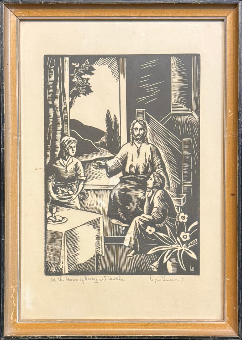 Larson, Signe (1908-1993) linoleum cut, At the House of Mary and Martha (1 of 4)