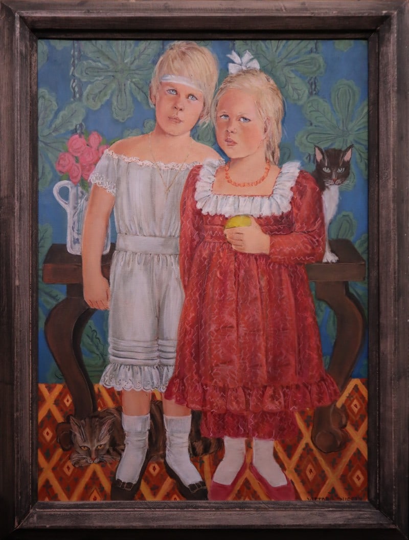 Zussin, Victoria (1927-1988) oil on canvas, two children and cats (1 of 4)