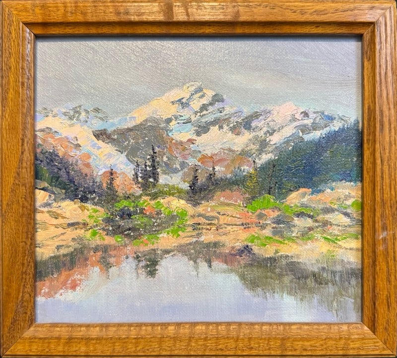 Tobiska, Barbara (1923-2023) oil on canvas board, Rockies Reflection: Tobiska, Barbara (1923-2023) oil on canvas board, Rockies Reflection, no visible signature, good condition, canvas size: 7 x 8 inches. Barbara Lorraine Tobiska (1923-2023), at an early age, showed an