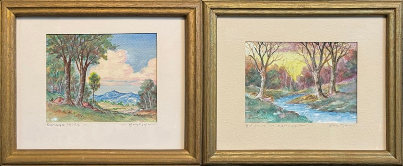 Malm, Alba (1897-1997) 2 1980 watercolor, Autumn in Kansas and Kansas Hills: Malm, Alba (1897-1997) 2 1980 watercolor, Autumn in Kansas and Kansas Hills, both signed Alba Malm on painting and mat, good condition, not examined out of frame, images sizes: Autumn in Kansas, 4.5 x