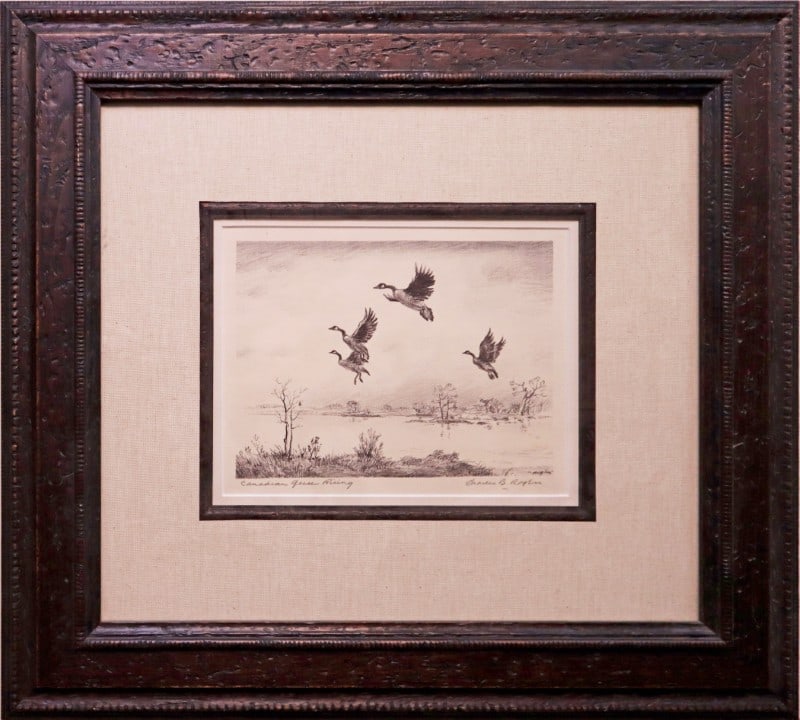 Rogers, Charles B (1911-1987) lithograph, Canadian Geese Rising: Rogers, Charles B (1911-1987) lithograph, Canadian Geese Rising, pencil signed Charles B Rogers in lower right, good condition, not examined out of frame, image size: 6.5 x 8.75 inches. A painter, art