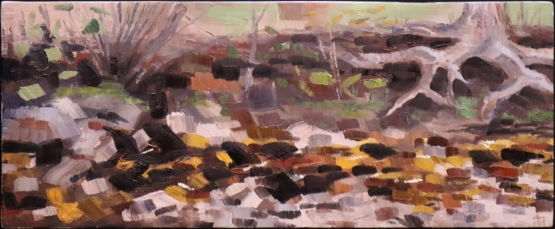 Thibodeau, Nicole, 2017 oil on board, Rocks & Shadows: Thibodeau, Nicole, 2017 oil on board, Rocks & Shadows, signed NT in lower right, good condition, board size: 5.75 x 14 inches. Nicole Thibodeau grew up in Taos, New Mexico; the daughter of Rich Thibod