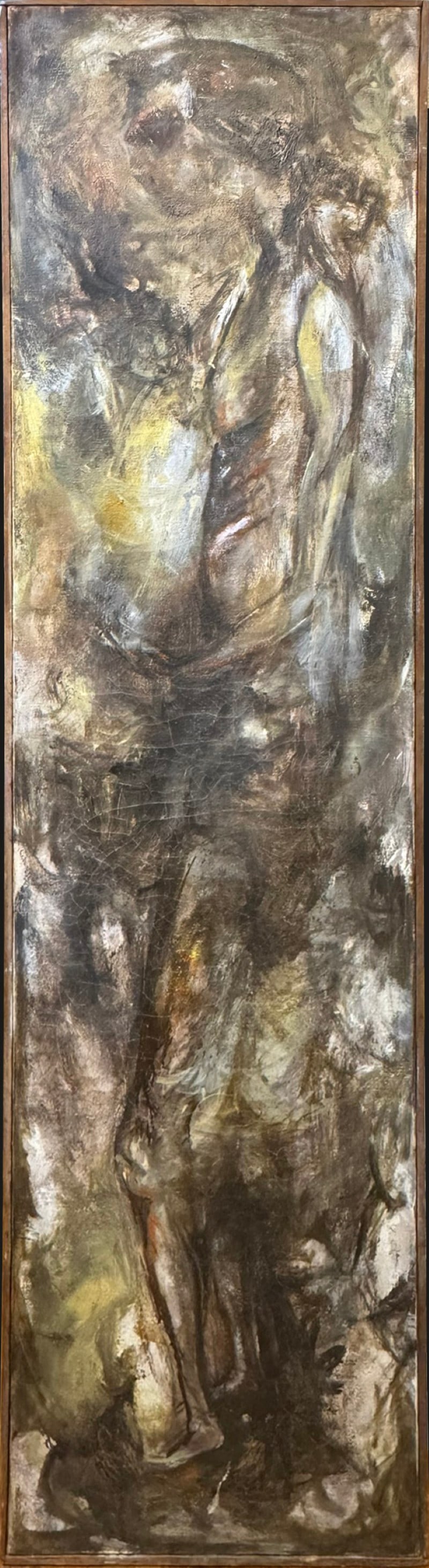 Schrag, Don oil on canvas, nude: Schrag, Don oil on canvas, nude, unsigned, fair condition, small hole in canvas at bottom center and crazing in paint, canvas size: 61.25 x 15.75 inches. Don Schrag grew up in McPherson County Kansas 