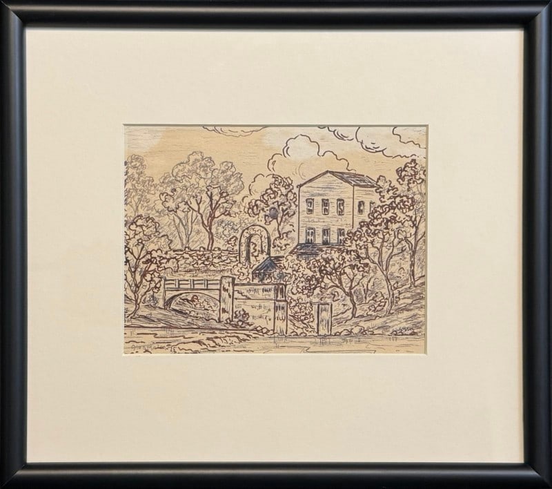 Malm, Alba (1897-1997) 2015 pen and ink, graphite, Old Mill on the Smoky-Lindsborg, Kans: Malm, Alba (1897-1997) 2015 pen and ink, graphite, Old Mill on the Smoky-Lindsborg, Kans, signed Alba Malm in lower left, good condition, not examined out of frame, image size: 4.5 x 6 inches. Alba Ma