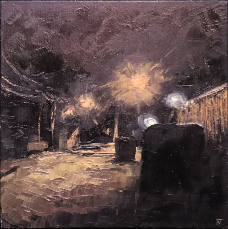Thibodeau, Nicole, 2018 oil on board, Night Alley: Thibodeau, Nicole, 2018 oil on board, Night Alley, signed NT in lower right, good condition, board size: 6 x 6 inches. Nicole Thibodeau grew up in Taos, New Mexico; the daughter of Rich Thibodeau, a p