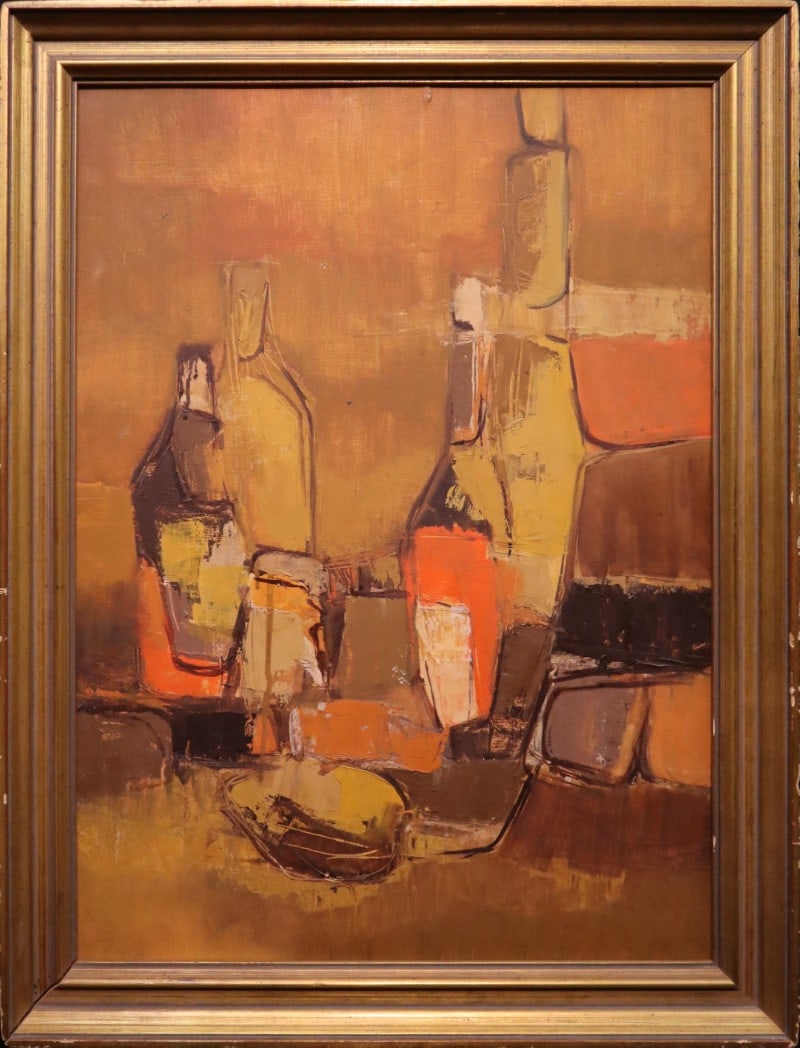 Schrag, Don 1964 oil on canvas, MCM bottles: Schrag, Don 1964 oil on canvas, MCM bottles, signed Schrag on back, good condition, small tear in canvas center top. camvas size: 24 x 18 inches. Don Schrag grew up in McPherson County Kansas and resi