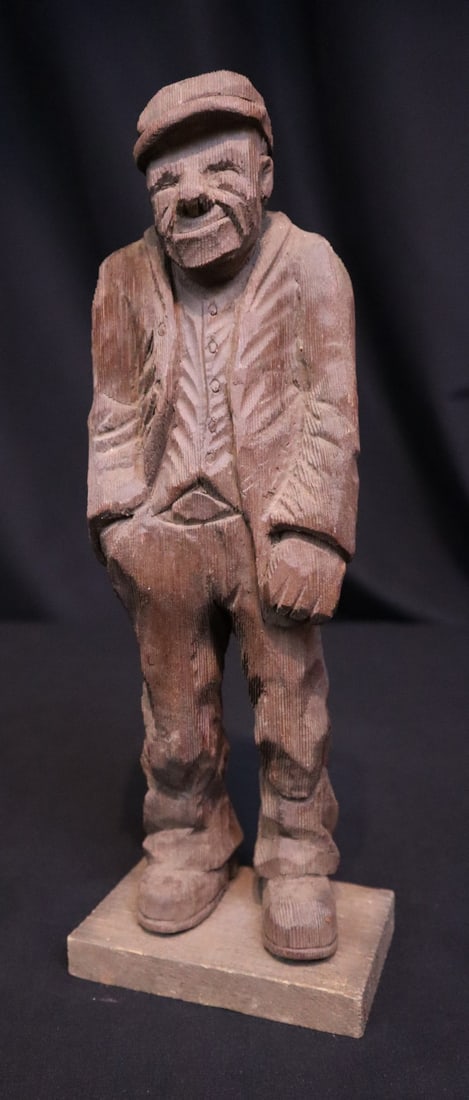 Pearson, Anton (1892-1967) woodcarving, old man: Pearson, Anton (1892-1967) Scandinavian flat plane woodcarving, old man, signed Anton Pearson on bottom, good condition, carving size with base: 13 x 4.5 x 3 inches. Nils Anton Pearson was born 23 May