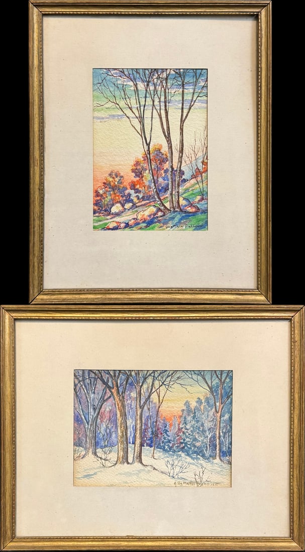 Malm, Alba (1897-1997) 2 watercolors, Fall and Winter: Malm, Alba (1897-1997) 2 watercolors, Fall and Winter, both signed Alba Malm Dahlquist in lower right. good condition, not examined out of frame, image sizes: Fall, 5.75 x 4.25 & Winter, 5.75 x 4.25 i
