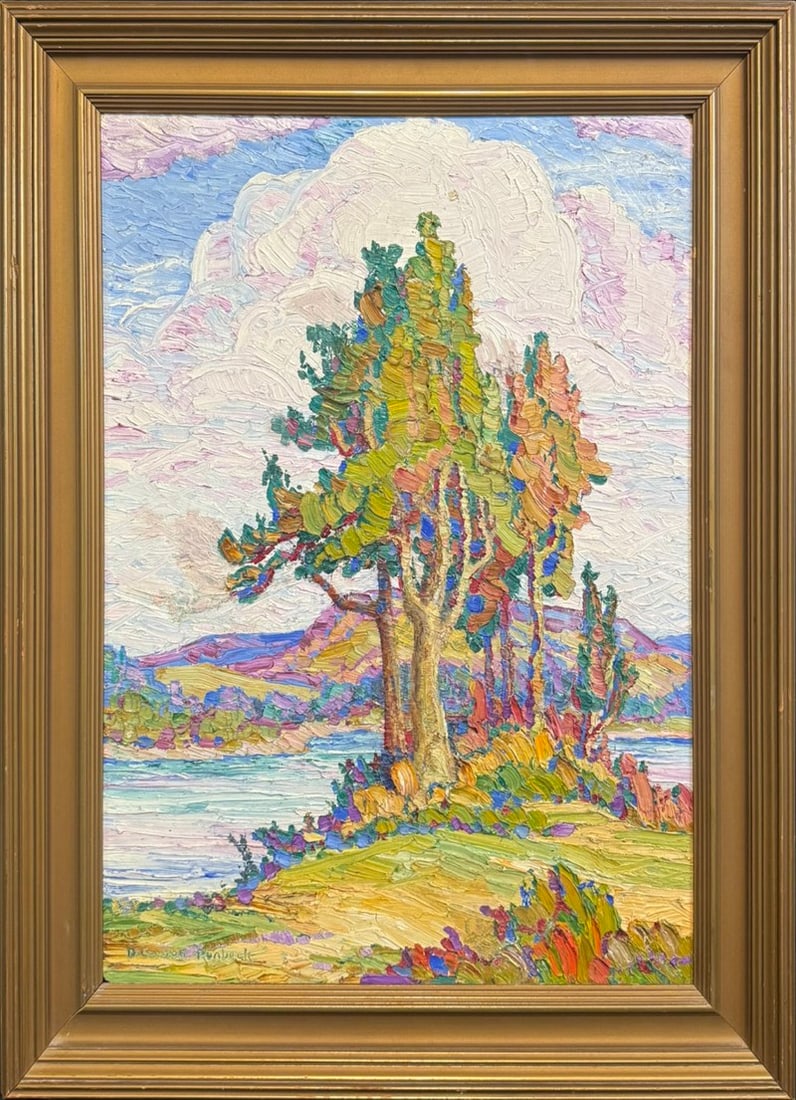 Runbeck, Dolores (1898-1994) oil on board, trees and river: Runbeck, Dolores (1898-1994) oil on board, trees and river, signed D. Gaston Runbeck, good condition, board size: 24 x 18 inches. Dolores Gaston Runbeck collection, attended Bethany College and was st