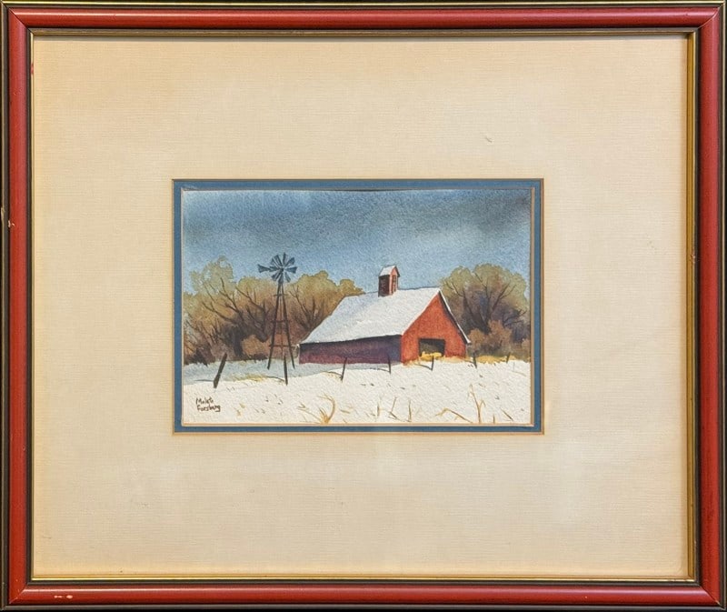 Forsberg, Maleta (1931-2026) watercolor, red barn in snow: Forsberg, Maleta (1931-2026) watercolor, red barn in snow, signed Maleta Forsberg in lower left, good condition, not examined out of frame, image size: 4.75 x 7 inches. Maleta Forsberg (1931-2025) was