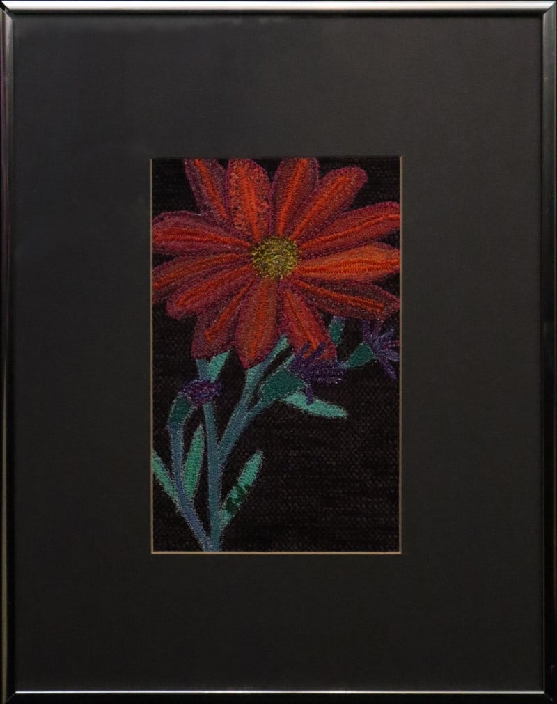 Scott, Carla, fiber, flower: Scott, Carla, fiber, flower, no visible signature, good condition, not examined out of frame, image size: 8 x 5 inches. Carla Scott was the first director of the Raymer Society/Red Barn Studio, Lindsb