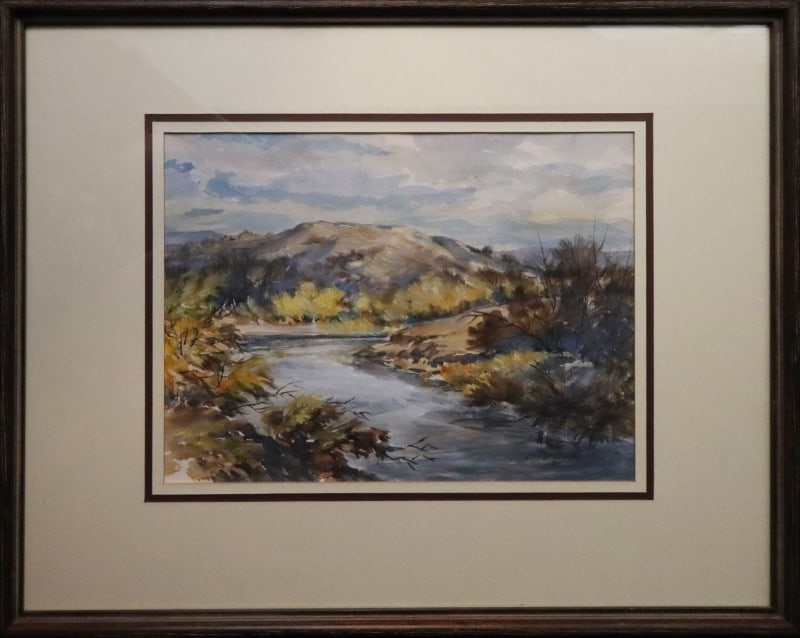 Peterson, Carl (1919-2009) 1984 watercolor, fall landscape with river: Peterson, Carl (1919-2009) 1984 watercolor, fall landscape with river, signed C. Peterson in lower right, good condition, not examined out of frame, image size: 10.5 x 14.25 inches. Don Schrag grew up