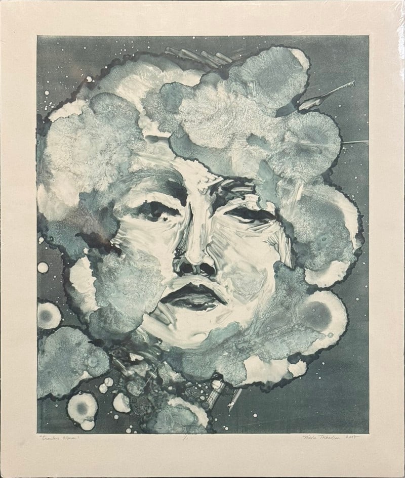 Thibodeau, Nicole, 2007 monoprint, Cumulous Woman: Thibodeau, Nicole, 2007 monoprint, Cumulous Woman, pencil signed Nicole Thibodeay in lower right, good condition, image size: 17.25 x 14.5 inches. Nicole Thibodeau grew up in Taos, New Mexico; the dau
