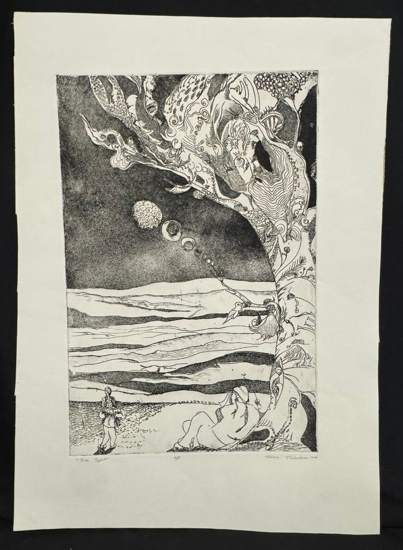 Thibodeau, Nicole, 2026 lithograph, Tree Spirit: Thibodeau, Nicole, 2026 lithograph, Tree Spirit, pencil signed Nicole Thibodeau in lower right, good condition, no mat or frame, image size: 18 x 12 inches. Nicole Thibodeau grew up in Taos, New Mexic
