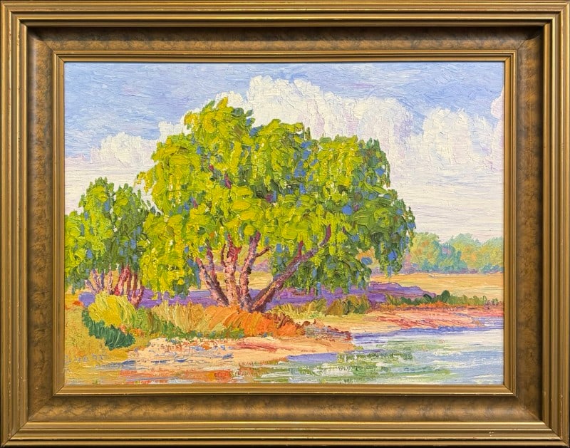 Runbeck, Dolores (1898-1994) oil on board, Trees and Lake, Sugar Lake, MO: Runbeck, Dolores (1898-1994) oil on board, Trees and Lake, Sugar Lake, MO signed Gaston in lower right, good condition, board size: 18 x 24 inches. Dolores Gaston Runbeck was born in Atchison, Kansas.