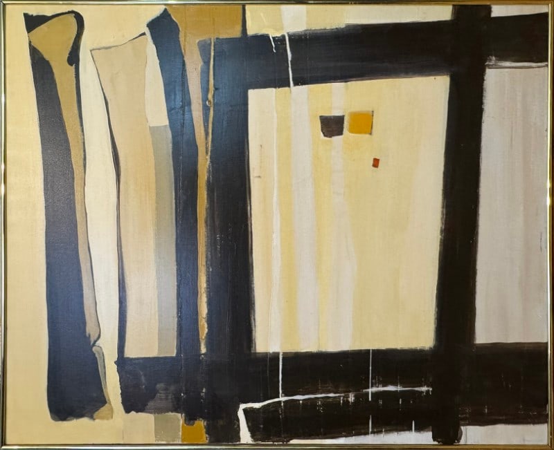 Schrag, Don oil on canvas, abstract: Schrag, Don oil on canvas, abstract, signed Schrag on back, good condition, canvas size: 48.5 x 60.75 inches. Don Schrag grew up in McPherson County Kansas and resides in Branson, MO. He attended Beth