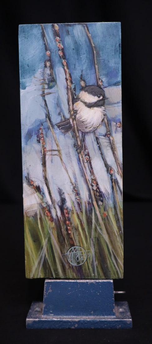 Vaughan, Mary Linnea, 2019 acylic on board, chickadee: Vaughan, Mary Linnea, 2019 acylic on board, chickadee, artist's symbol in lower center and signed M Vaughan on back, good condition, board size:10.25 x 4 inches. Painted on a repurposed board and cast