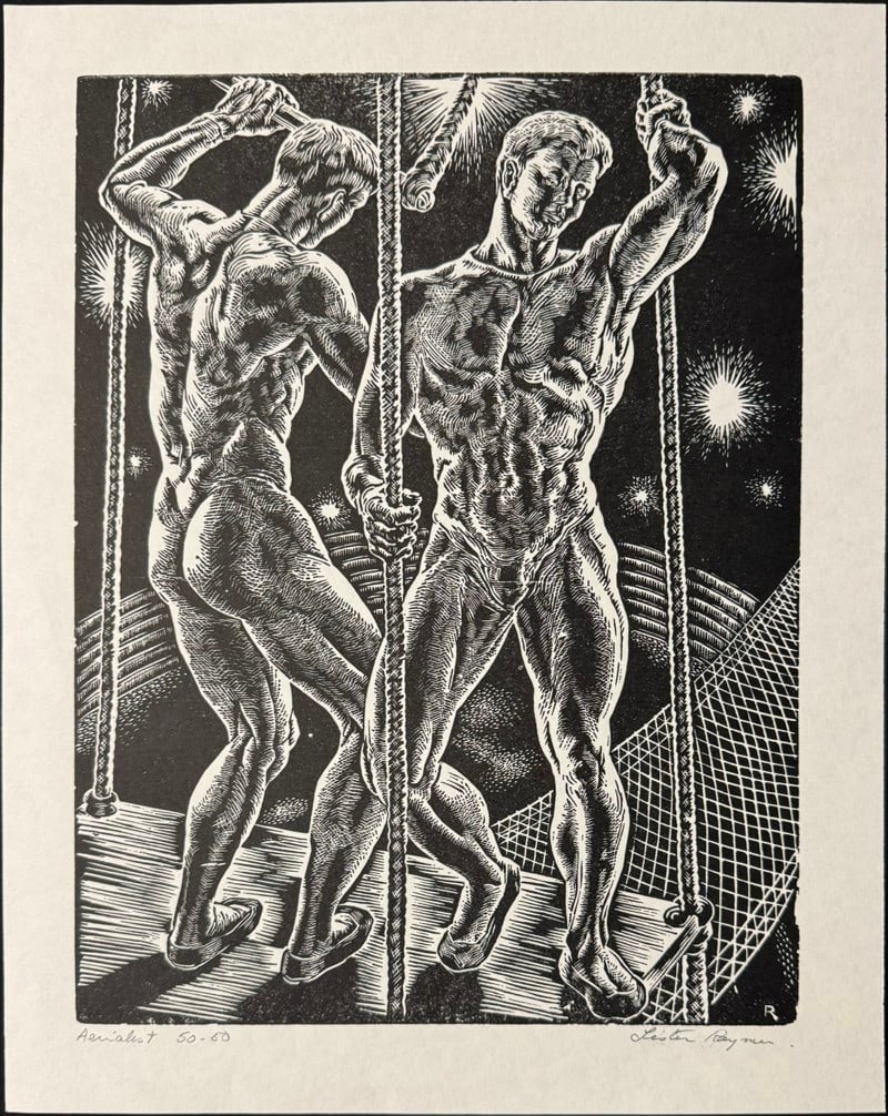 Raymer, Lester I1907-1991) linoleum cut, Aerialist: Raymer, Lester I1907-1991) linoleum cut, Aerialist, pencil signed Lester Raymer in lower right, good condition, image size: 12 x 9 inches. Lester Raymer, born in 1907, grew up on a farm just southwest