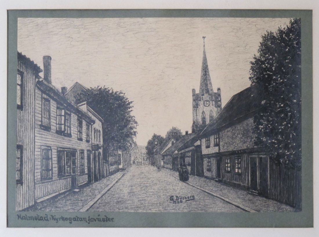 "Halmstad, Kyrkogaten, Fevaster: Dillberg, G, "Halmstad, Kyrkogaten, Fevaster, lithograph, 7 x 10Â¼,
