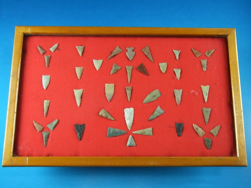 Frame of 40 West KY Triangular Points. Largest: 1 3/4" (1 of 3)