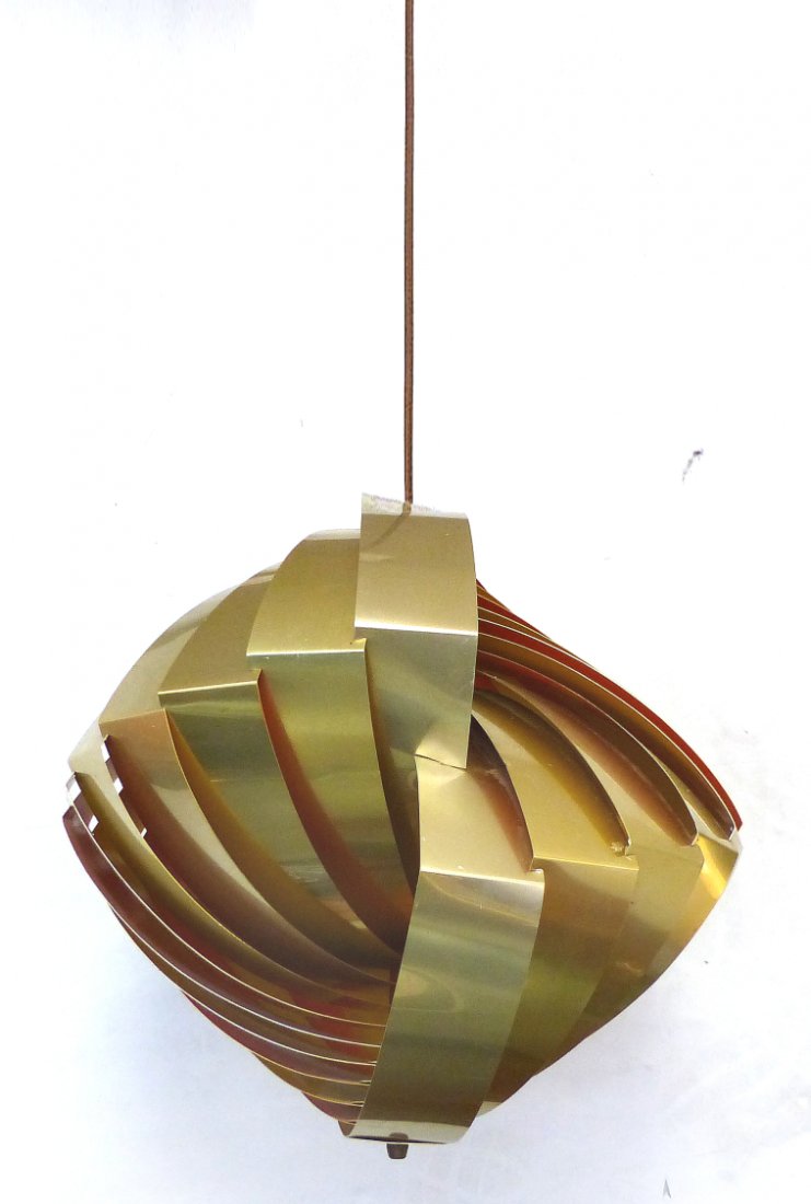 Konkylie Pendant Light by Louis Weisdorf for Lyfa: The iconic and intricate 1960s spiral brass Konkylie pendant light by the Mid-century Danish architect Louis Weisdorf for Lyfa. Finished in gold and orange. Hangs from the cord and is working order; u