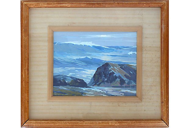 Mid-century Sea-side Gouache Ocean Painting (1 of 5)