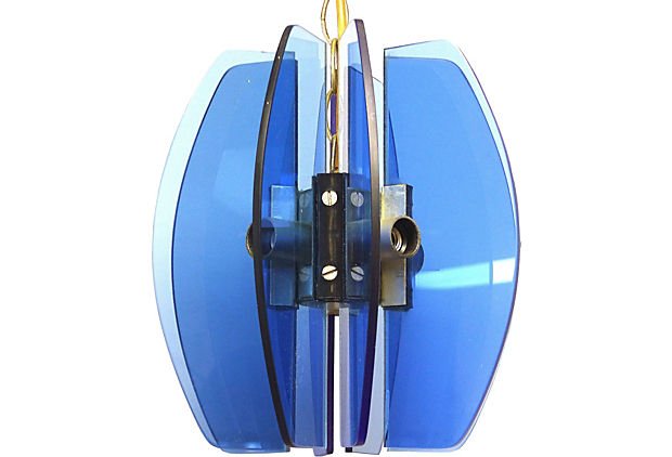 1960\'s Veca-Style Glass Pendant Light Fixture: 1960\'s Italian glass panel pendant light fixture created in the style of Veca. Wired and in working condition; accommodates four standard 40W bulbs. Includes the original canopy. Additional 18\"L cha