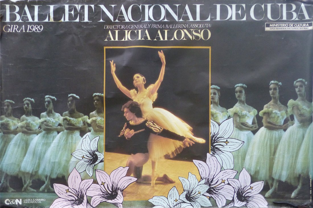 Ballet National De Cuba Cuban Ballet Poster 1989: Large vintage original poster from the Cuban Ballet. Distributed by the Minesterio de Cultura in 1989. Has been rolled and shows wear as shown. 59"L x 39.75H. Will ship in a tube.
