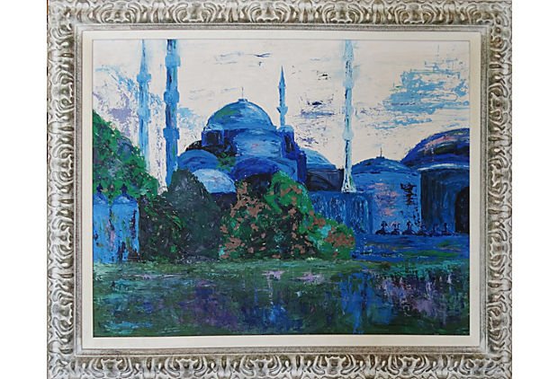 Mid-century Blue Mosque Oil Painting (1 of 7)