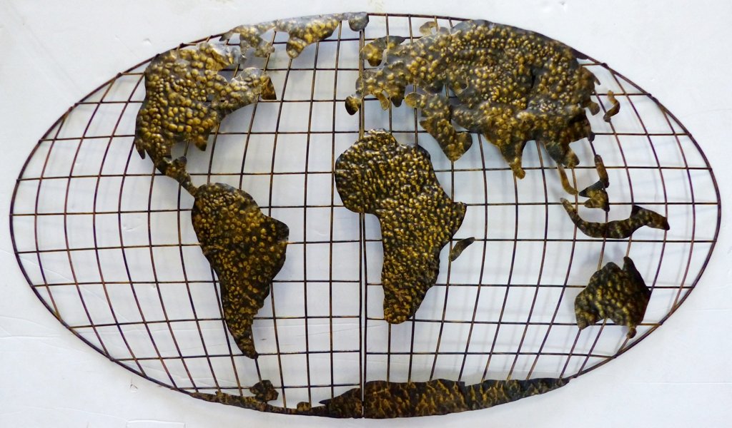 Metal Expanded World Map Wall Sculpture: A modern metal wall sculpture of the expanded world map. Welded and textured metal.