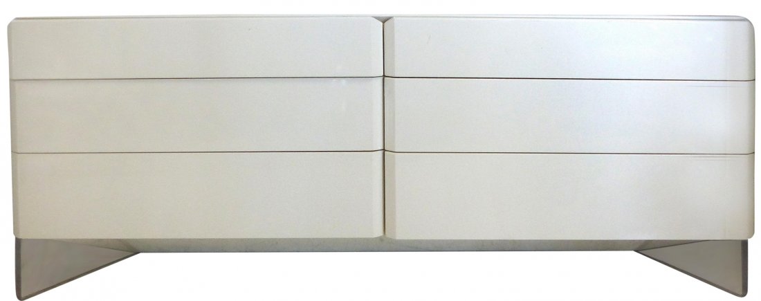 Rougier Lacquered & Angled Lucite Foot Dresser: A fine quality lacquered wood six drawer dresser with angled Lucite corner feet by Rougier of Canada. Each drawer glides on runners and offer ample storage. Makers mark on the side. Very good conditio