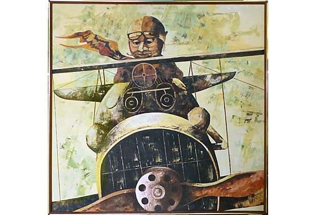 Mid-century Oil Painting Gayle Gibson (American) '72: A whimsical Mid-century Modern oil painting on linen of an aviator in a bi-plane by Gayle Gibson. Painted with light impasto pallet knife techniques.Signed lower right and dated '72. Displayed in a wo