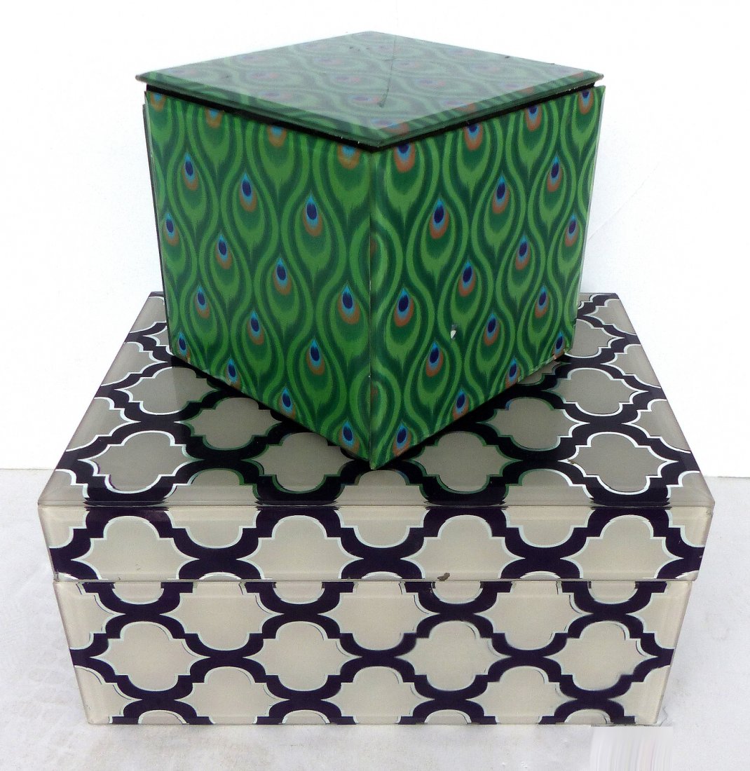 Pair of Vintage Decorative Glass Boxes: Pair of contrasting patterned decorative boxes for jewelry or just for special storage. Each box is lined. Good weight. Both are 4.25"H. The larger box is 8.36"L by 6"Wide. The smaller green box is 4.