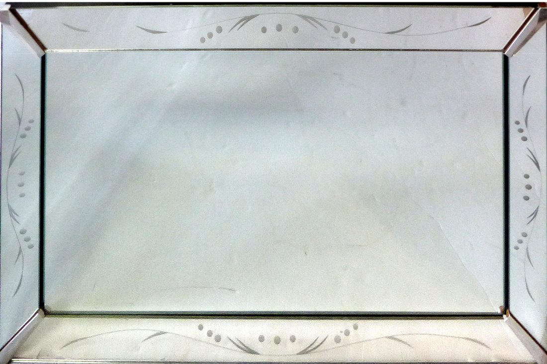 1940\'s Decorative Etched Mirror w/ Metal Corners (1 of 1)