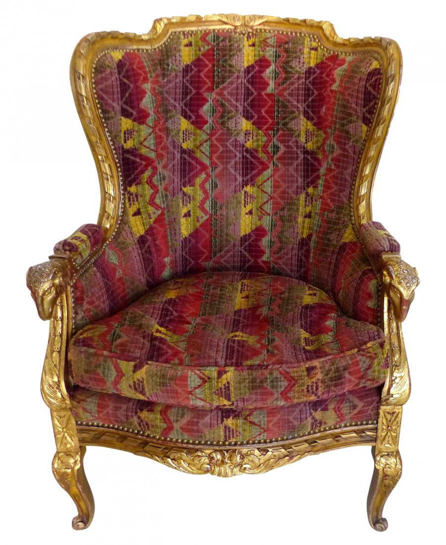 Antique Gilt Wood Velvet Wing Back Chair W Rams Head