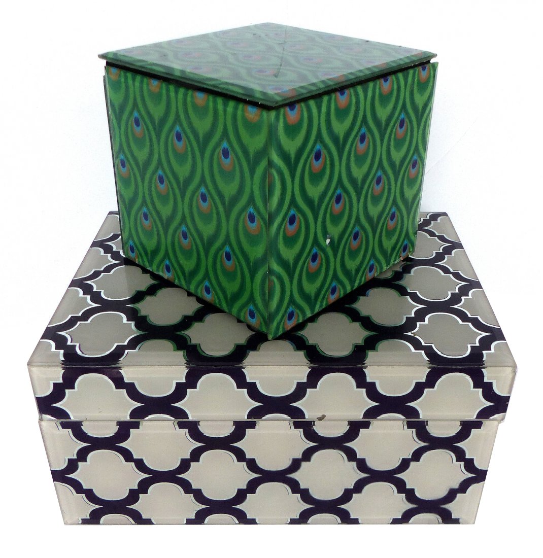 Pair of Vintage Decorative Glass Boxes: Pair of contrasting patterned decorative boxes for jewelry or just for special storage. Each box is lined. Good weight. Both are 4.25\"H. The larger box is 8.36\"L by 6\"Wide. The smaller green box is