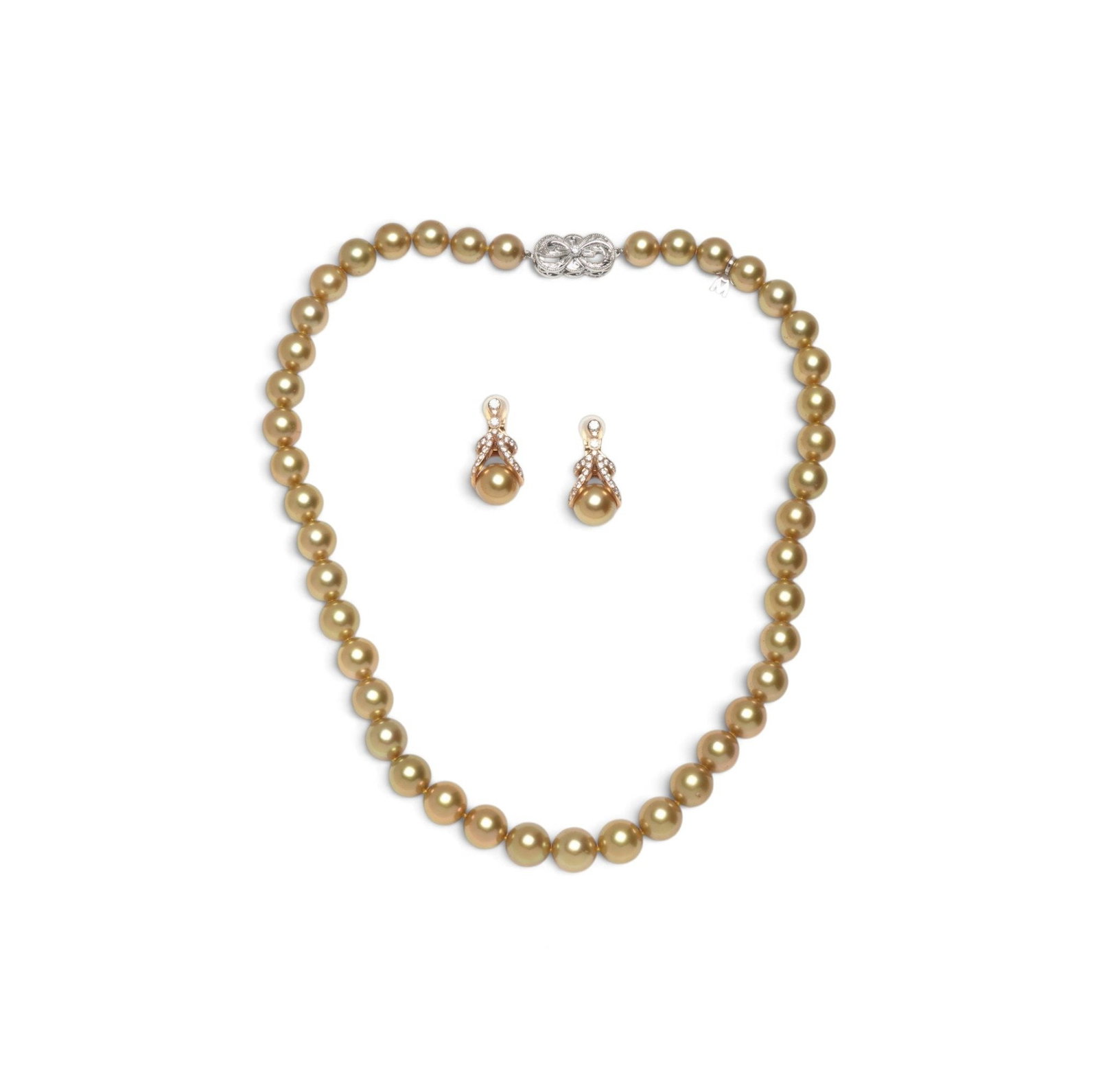 Mikimoto Golden South Sea Pearl Necklace and Earrings Set, Diamonds: Mikimoto golden South Sea pearl suite, a graduated necklace of 9 mm pearls with a diamond set clasp and a pair of matching drop earrings. Golden South Sea pearls grow in the gold lipped Pinctada maxim