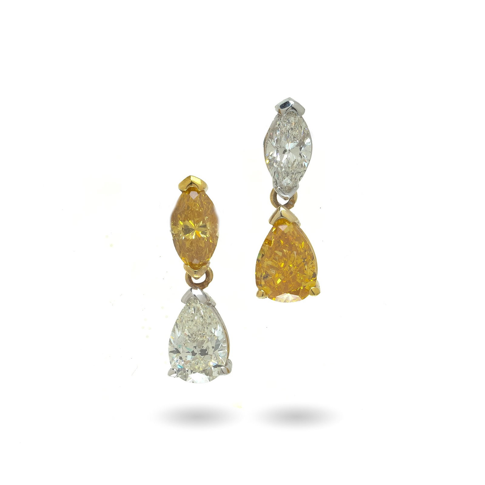 18ct Gold Fancy Yellow and White Diamond Drop Earrings: A chic pair of 18ct gold drop earrings, each suspending a pear-shaped fancy yellow diamond below a white marquise-cut diamond, combining warm golden and icy white brilliance in a classic drop design. 